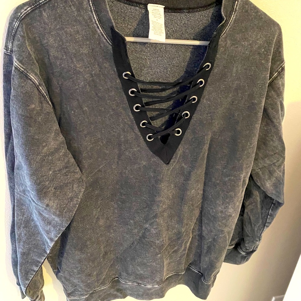 Grey Rustic Sweatshirt with Black Ties